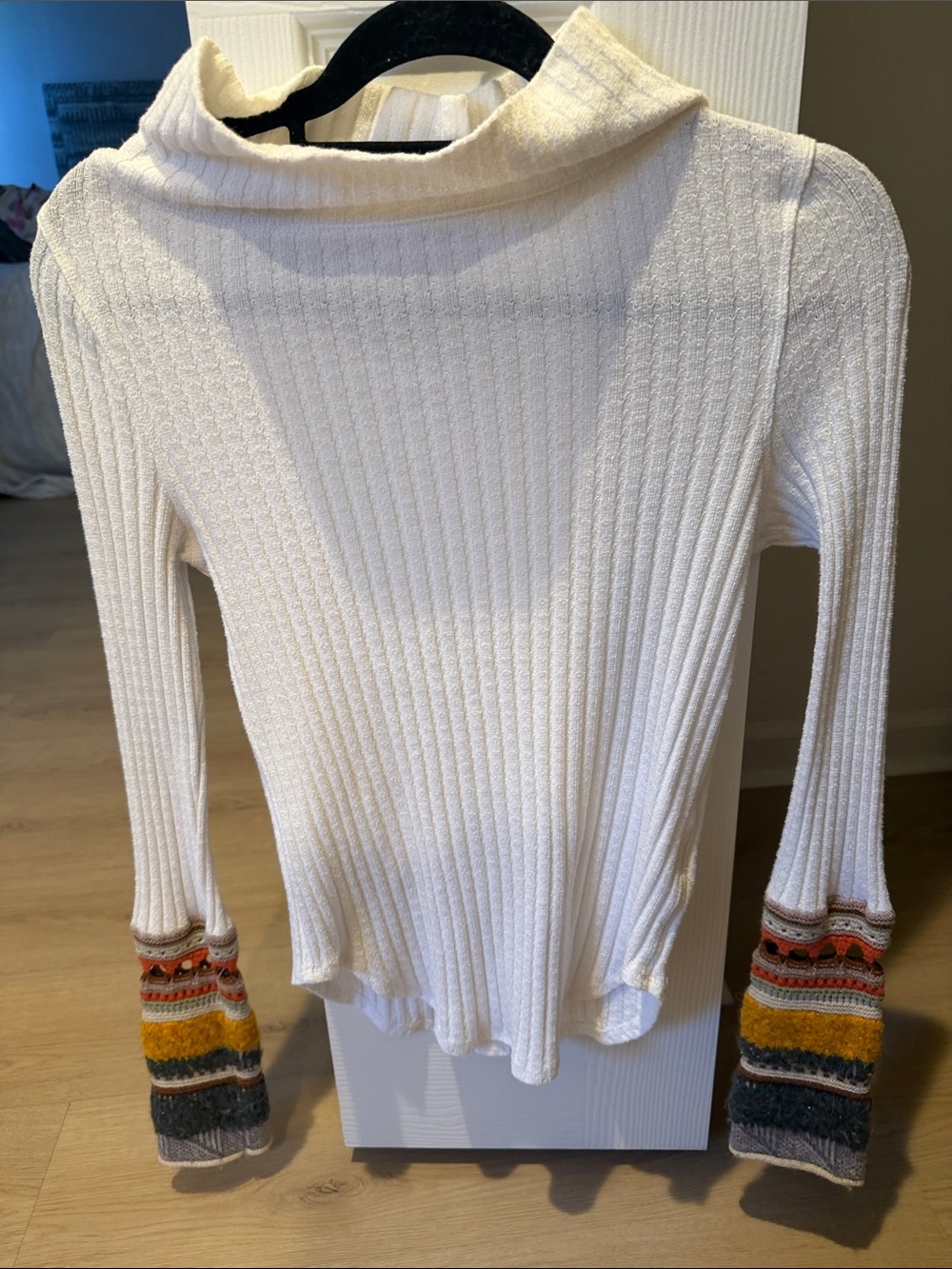 Free People Cream Ribbed Cowl Neck Sweater with Multicolor Striped Cuffs
